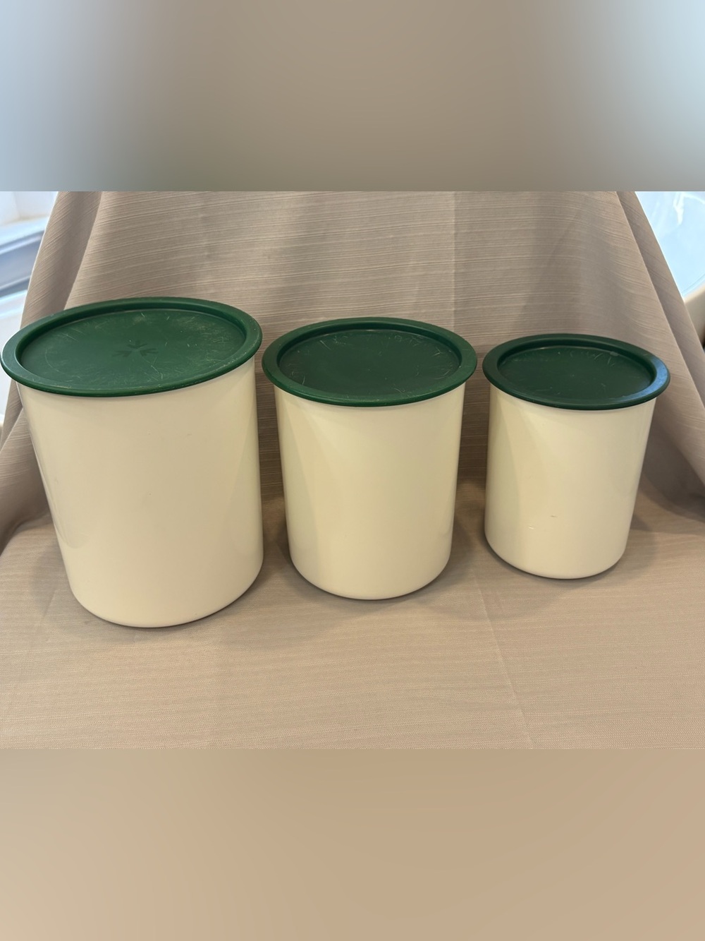 Vintage Tupperware Cream Storage Canisters with Green Lids - Set of 3